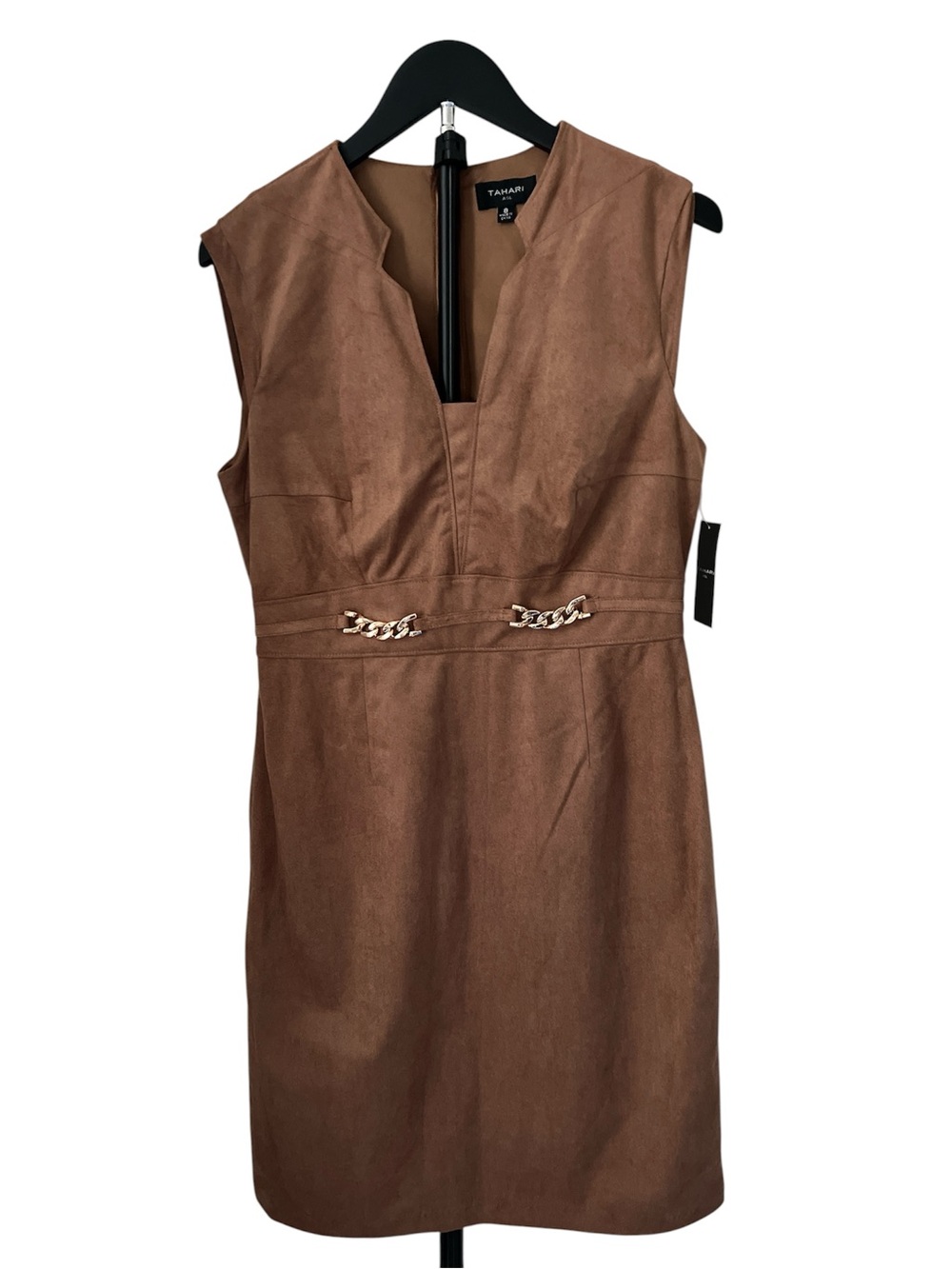 Tahari ASL Brown Faux-Suede Midi Sheath Dress with Chain Waist Detail 8